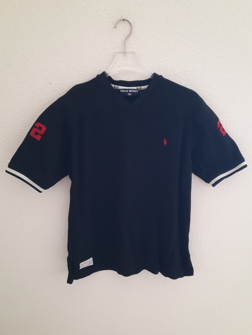 Ralph Lauren Polo Sport Black Short Sleeve V-Neck Shirt with Red Number 22